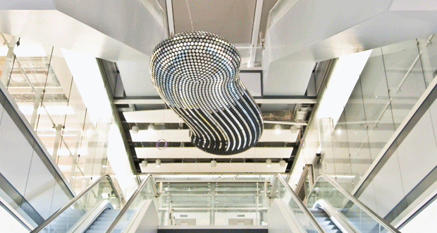 Troika’s Cloud. The flip-dots are silver on one side and are computer-controlled to move in different patterns across the sculpture Troika’s Cloud. The flip-dots are silver on one side and are computer-controlled to move in different patterns across the sculpture