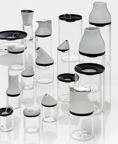 Shuttle containers, 2005, for Rosenthal, which combine glass bases with interchangeable porcelain tops for various functions