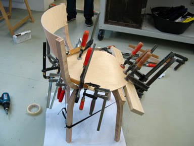 404 (in process) and 404F chairs, 2007, for Thonet, made of thin layers of wood that are bent, glued and clamped into shape