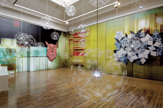 Untitled lamps and Pardo’s paintings against a photomural backing Untitled lamps and Pardo’s paintings against a photomural backing
