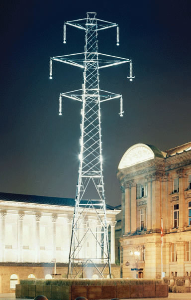 The steel pylon is nickel-plated, polished to create a reflective surface