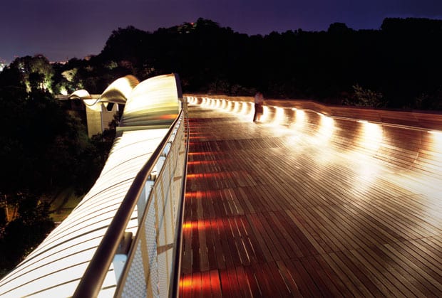 The steel and timber bridge spans 300m between two public parks in Singapore