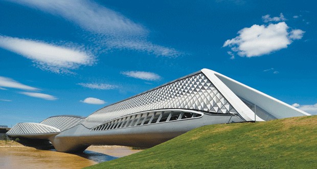 Glass-reinforced concrete panels cover the steel structure Glass-reinforced concrete panels cover the steel structure