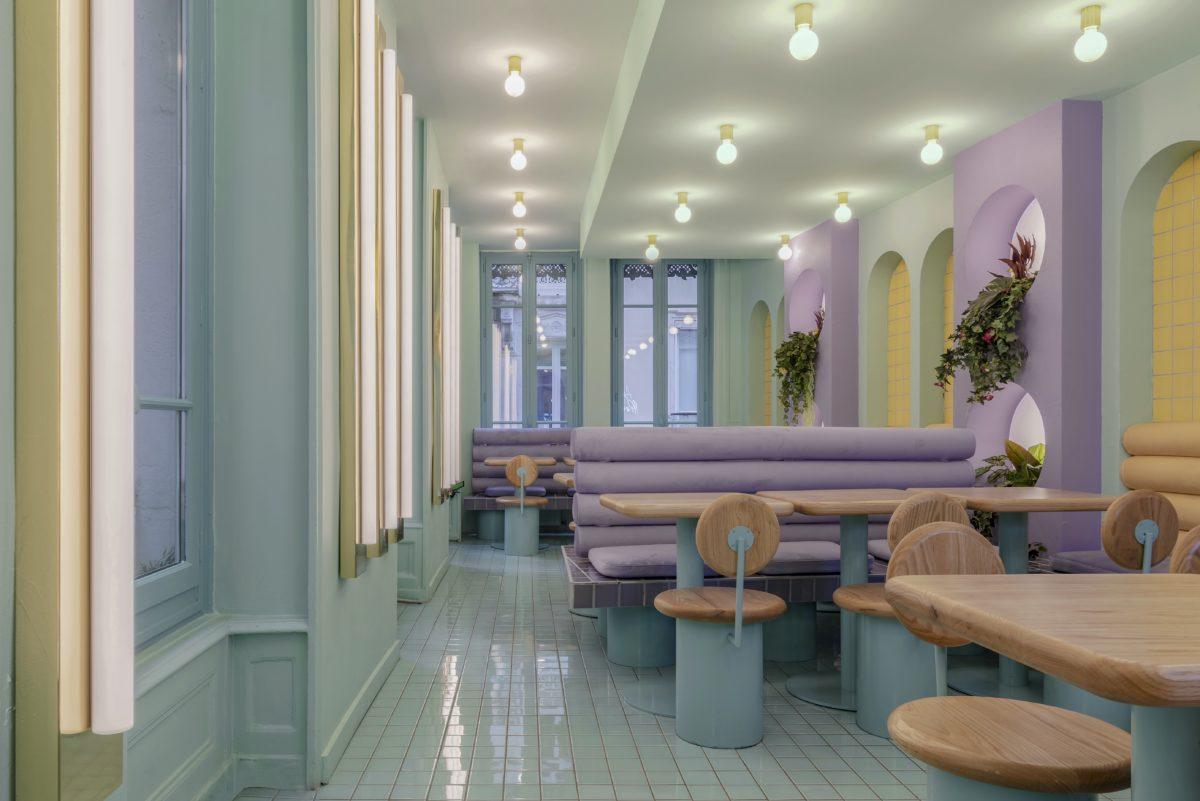 Piada Lyon France Masquespacio colourful restaurant colourful interior pastels pastel interior