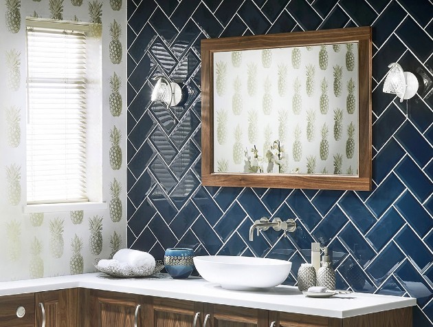 Bathroom with blue tiles mirror and pineapple wallpaper