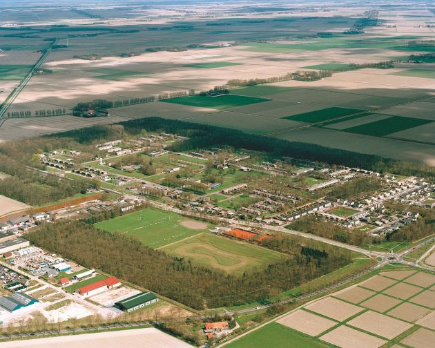 Aerial view of Nagele. A thick ‘cloak’ of trees shields the parallel clusters of terraced houses from the expanse of the polder
