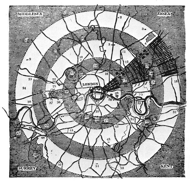 Loudon’s breathing zones were formed of concentric circles of alternating parkland and city. 