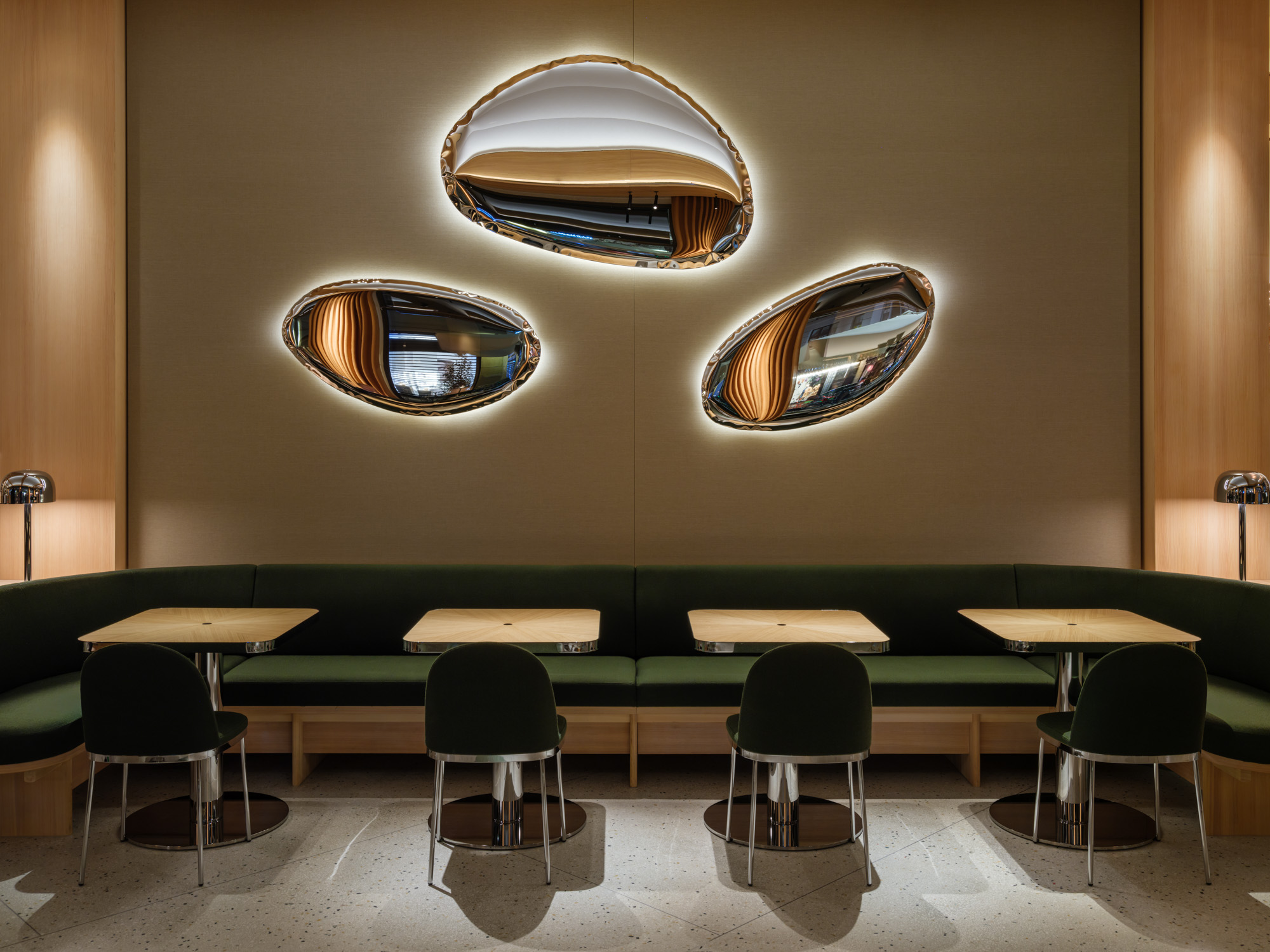 Levi Copenhagen restaurant Johannes Torpe Studios bar interior design green chairs