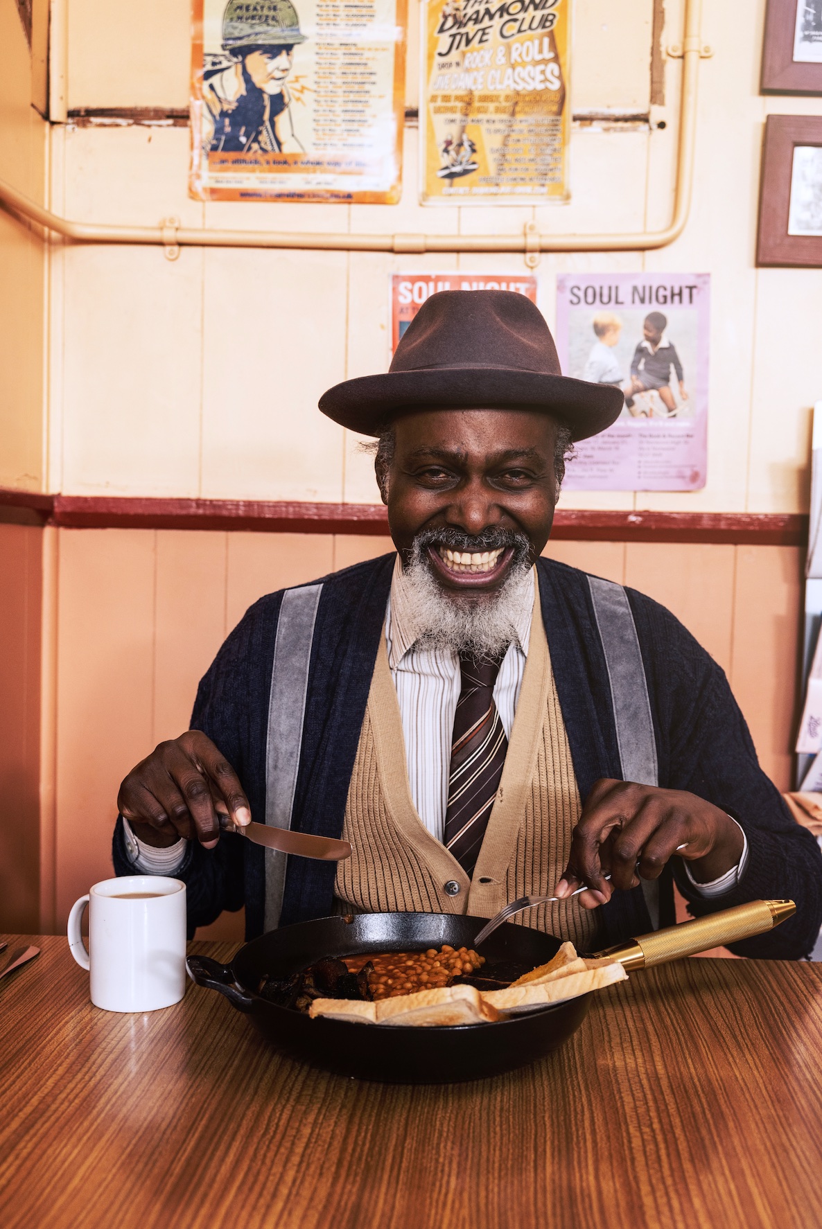 Buster and Punch Staub pan table man eating breakfast